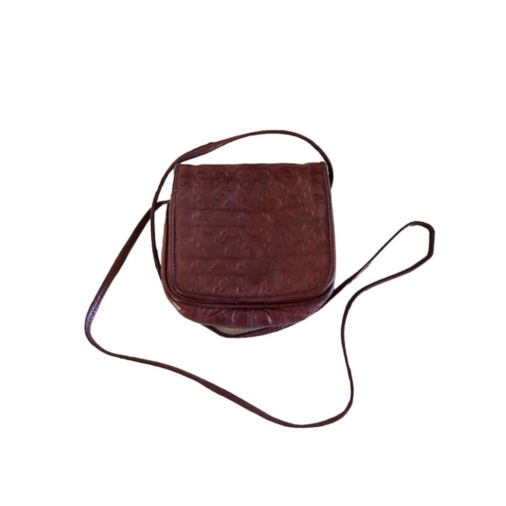 Bass Vintage Crossbody Bag, Red Embossed Leather with Southwest Symbol Designs
